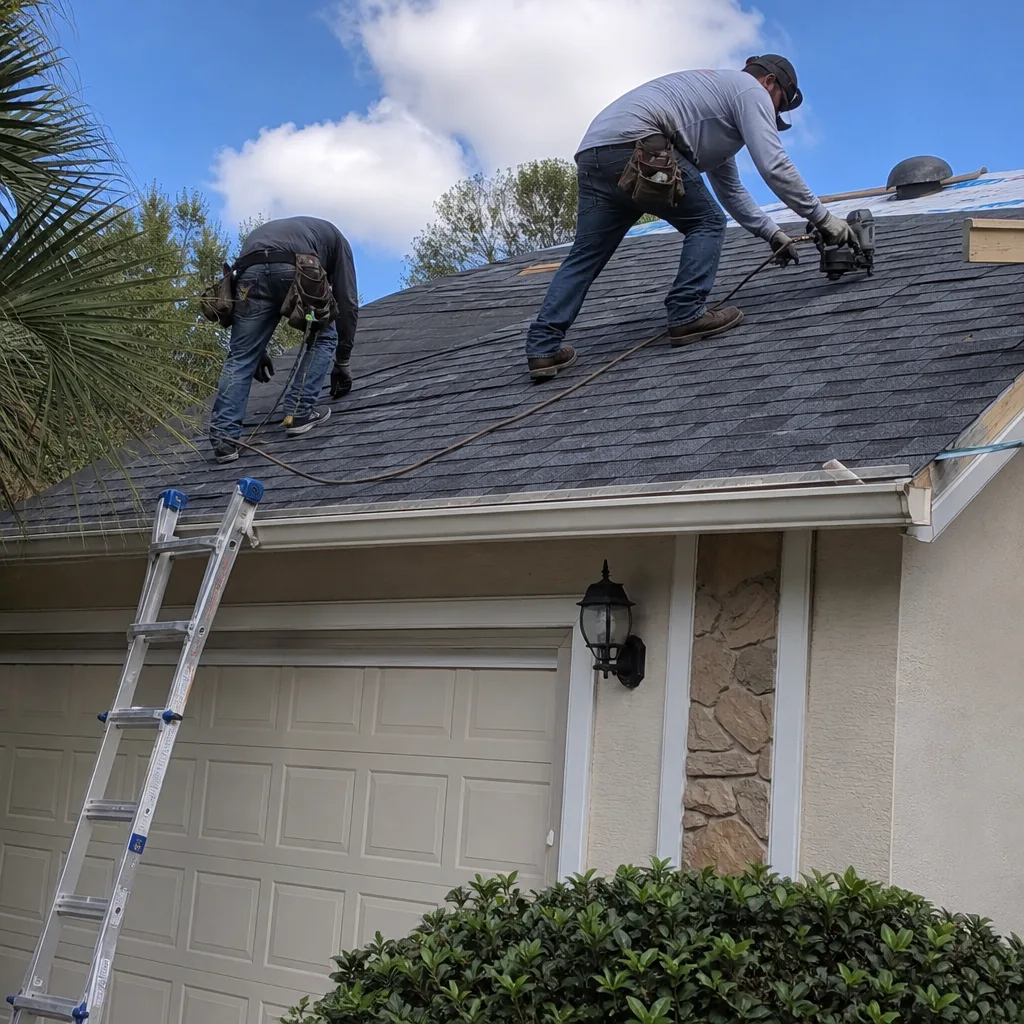 Two professional roofers installing shingles on a residential roof
