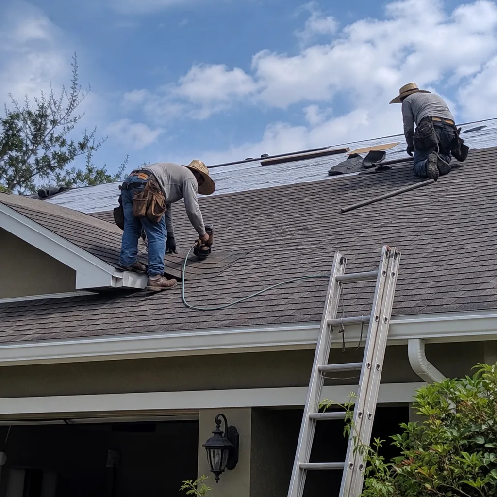 Two professional roofers installing shingles on a residential roof