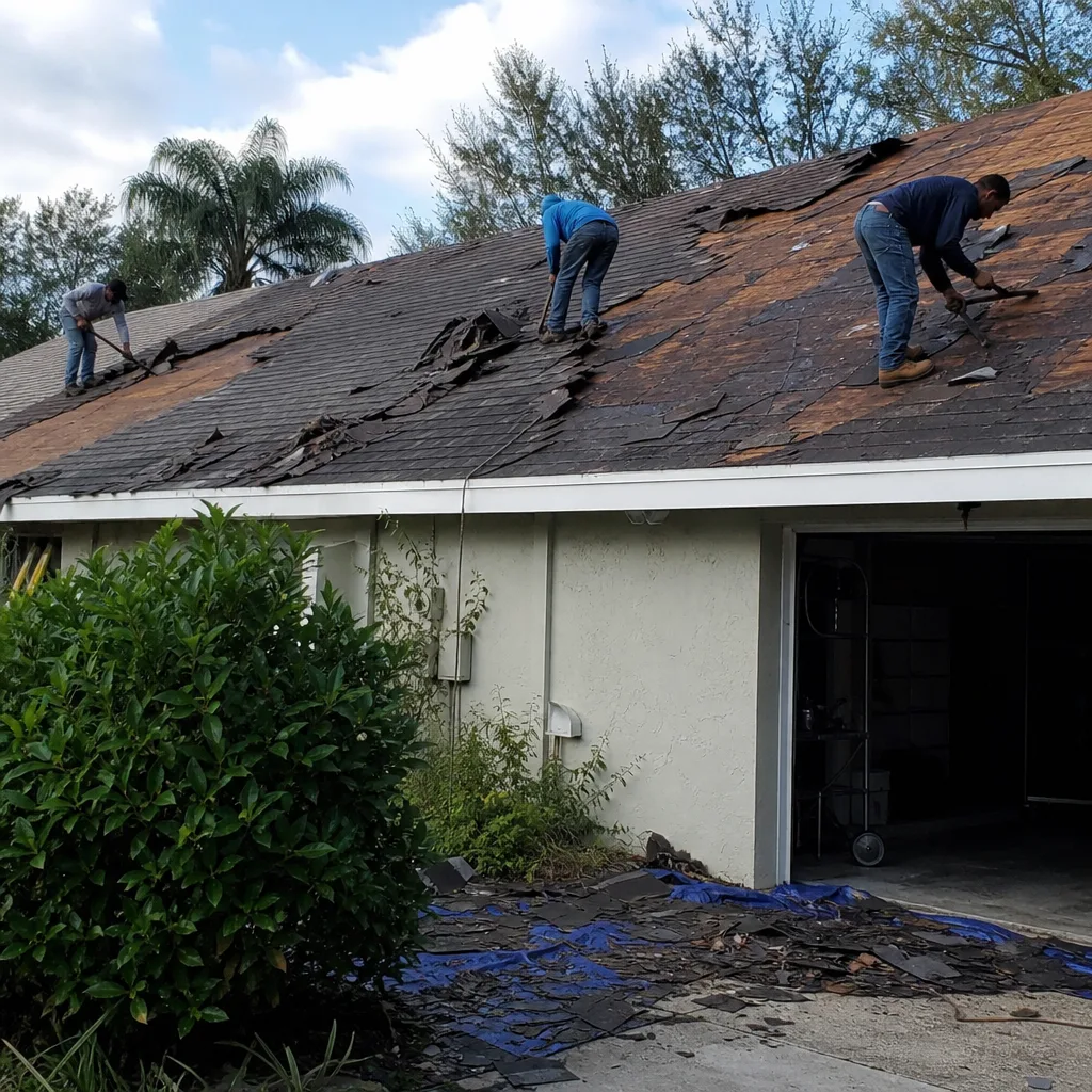 Professional contractors removing shingles during a residential roof inspection and replacement