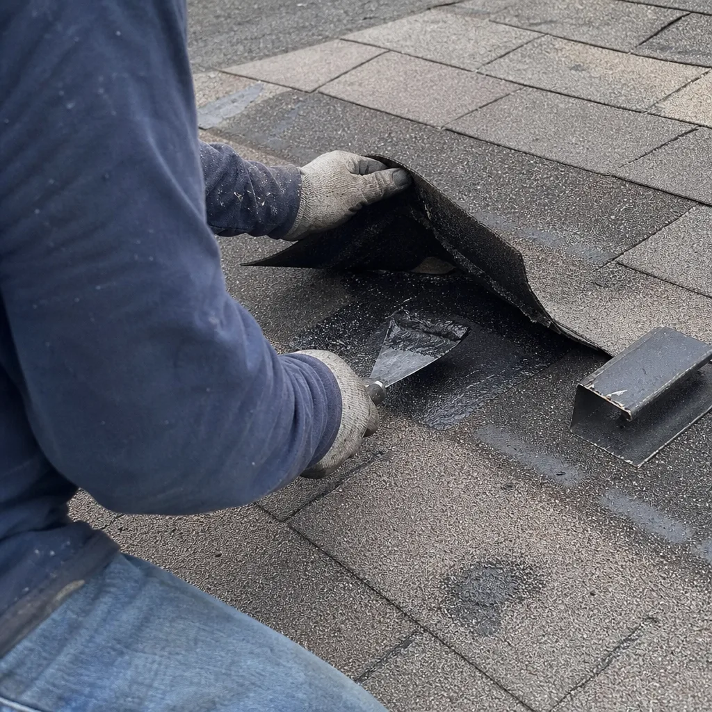 Professional roofer repairing damaged asphalt shingles with sealant