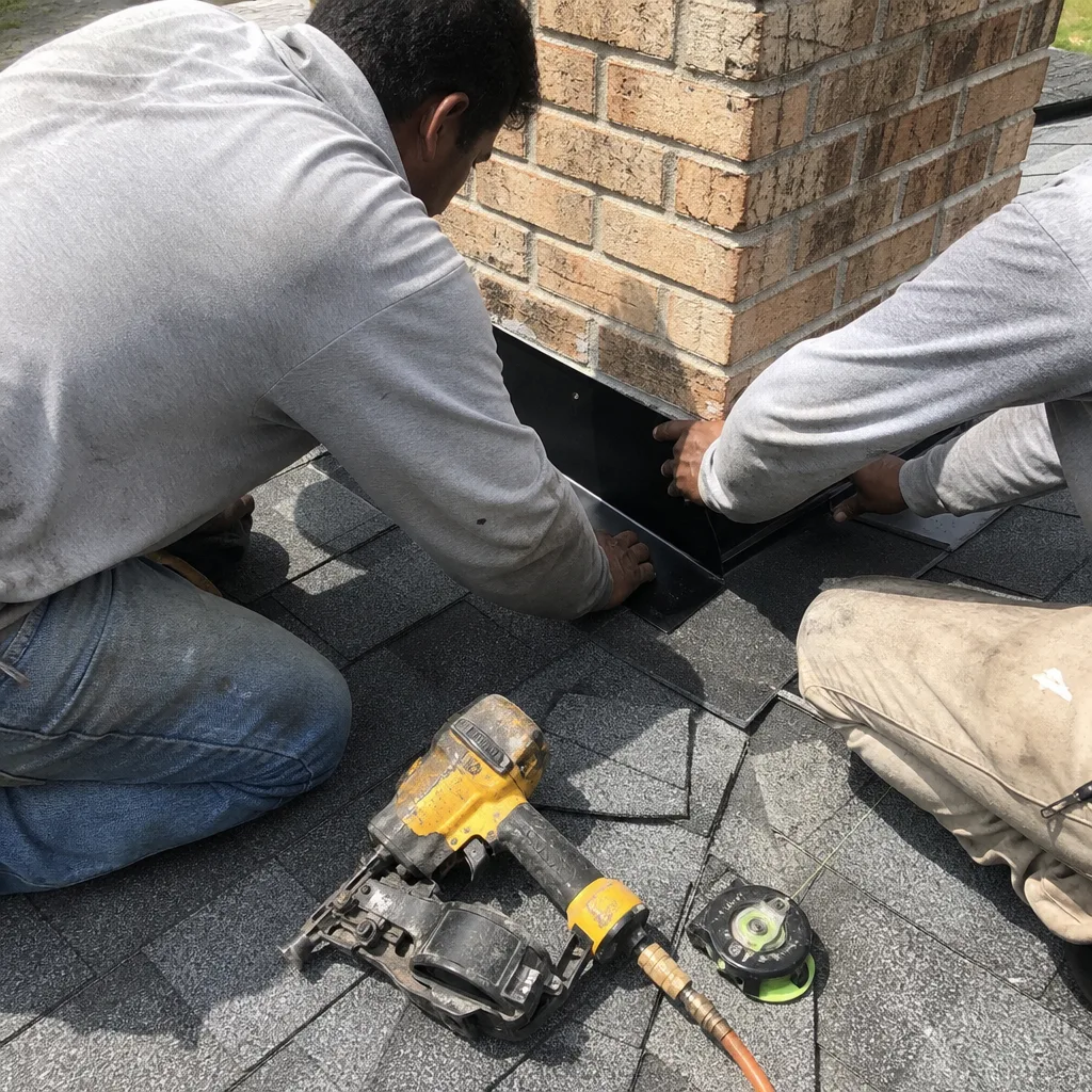 Roofers installing black metal chimney flashing on shingled roof