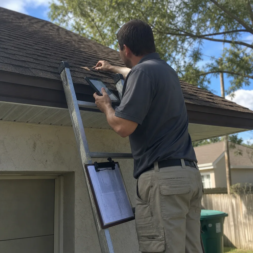 Roofing professional performing a detailed residential roof inspection with a tablet.